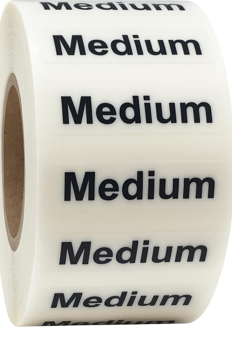 InStockLabels.com Medium Clothing Labels â€“ Clear Size Strip Stickers with Black Text, 1.25 x 5 Inch Adhesive Labels, 125 Total Stickers for Retail Apparel, Clothing Organization, and Inventory â€“ Made in The USA - Image 1